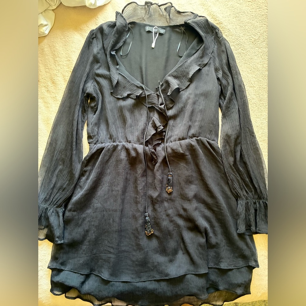 Mango Black Ruffle Tie-Front Long-Sleeve Tunic